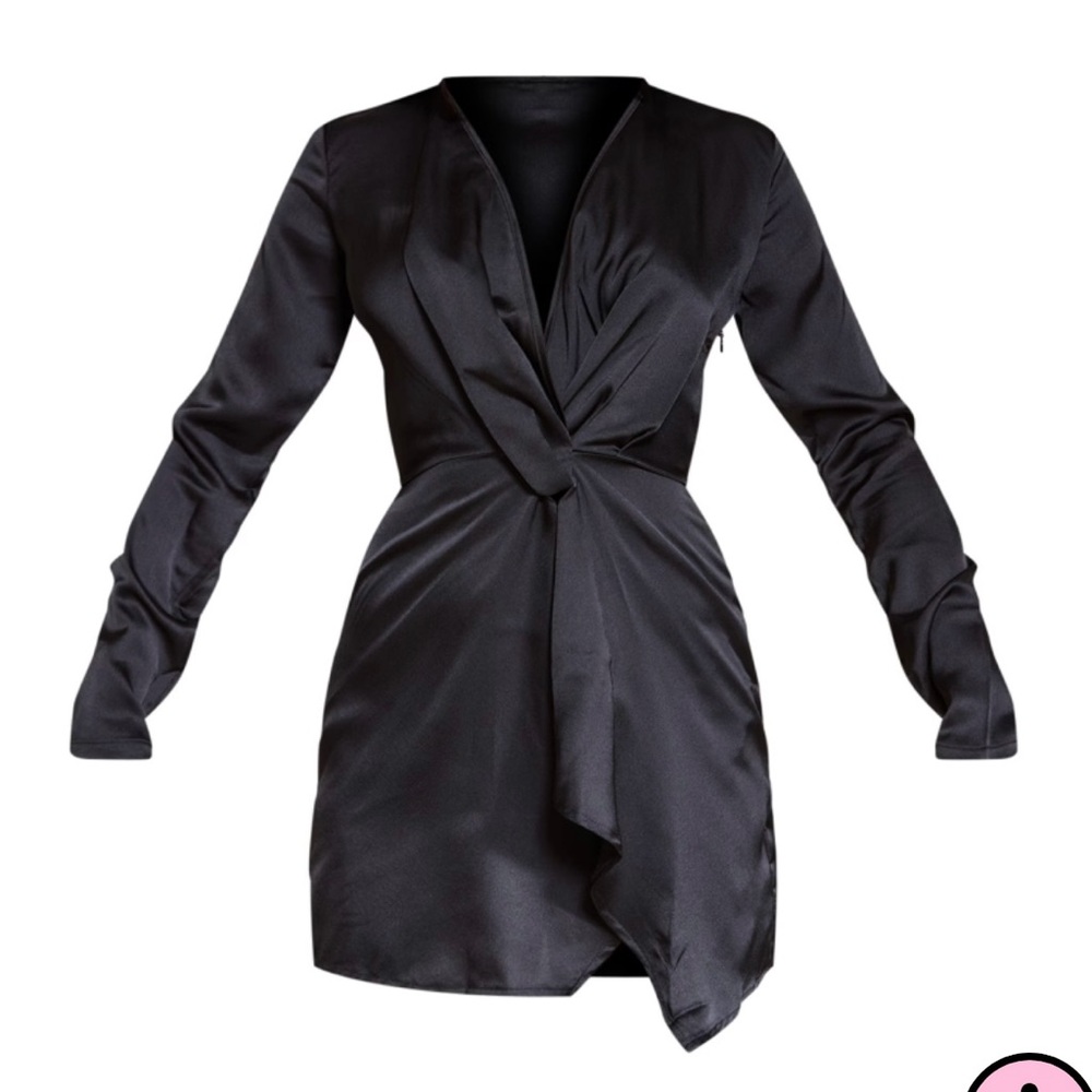 NWT Black Satin Wrap Short Dress, Long Sleeve Size 8 By PRETTYLITTLETHING
